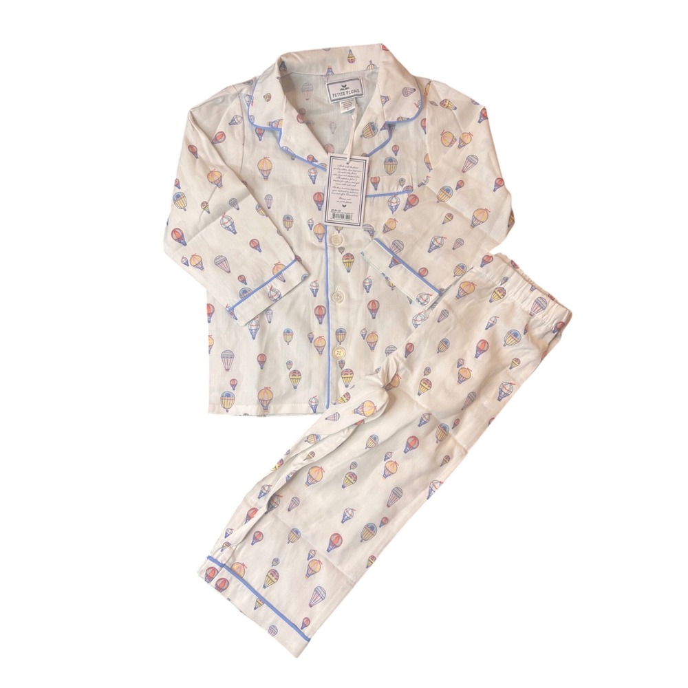 Petite Plume Boys Bonne Voyage Pajama Set Hot Air Balloon White Blue Size 3 NEW